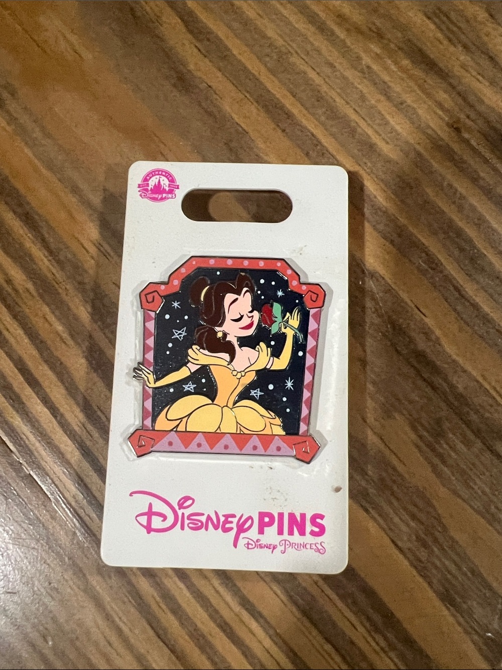 Disney Belle Enamel Pin with Yellow Dress and Pink Frame